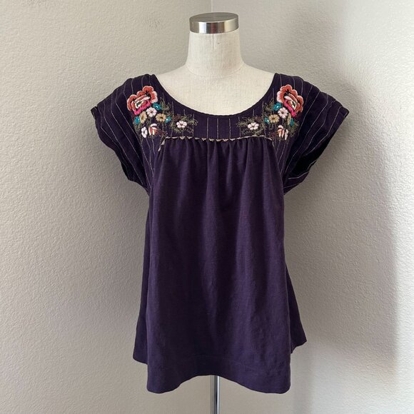 Vintage Anthropologie Scoop Neck Blouse Pintuck Floral Embroidered Cap Sleeve Co - Picture 1 of 9